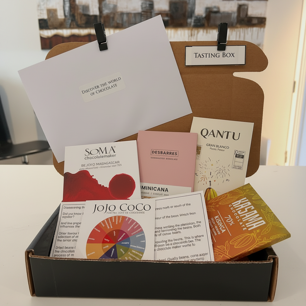 Bright chocolate tasting box with assorted chocolate bars and tasting materials