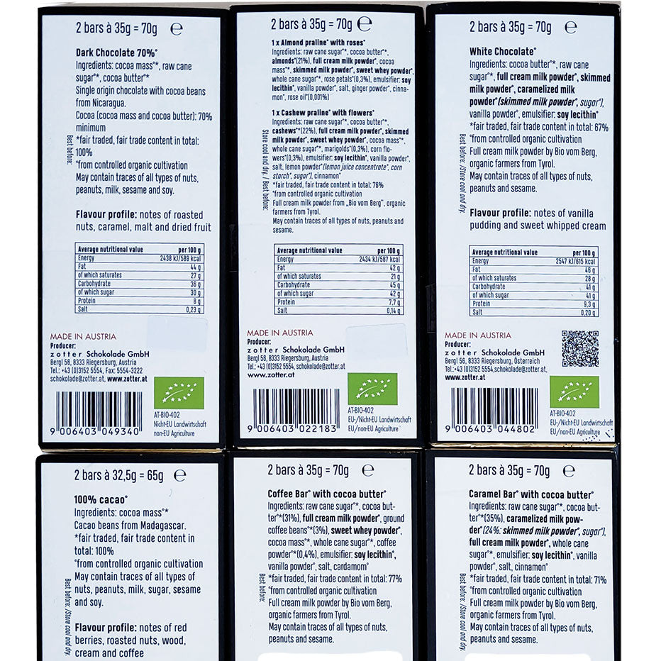 example of ingredients in Zotter chocolate bars, Canada (Austria)