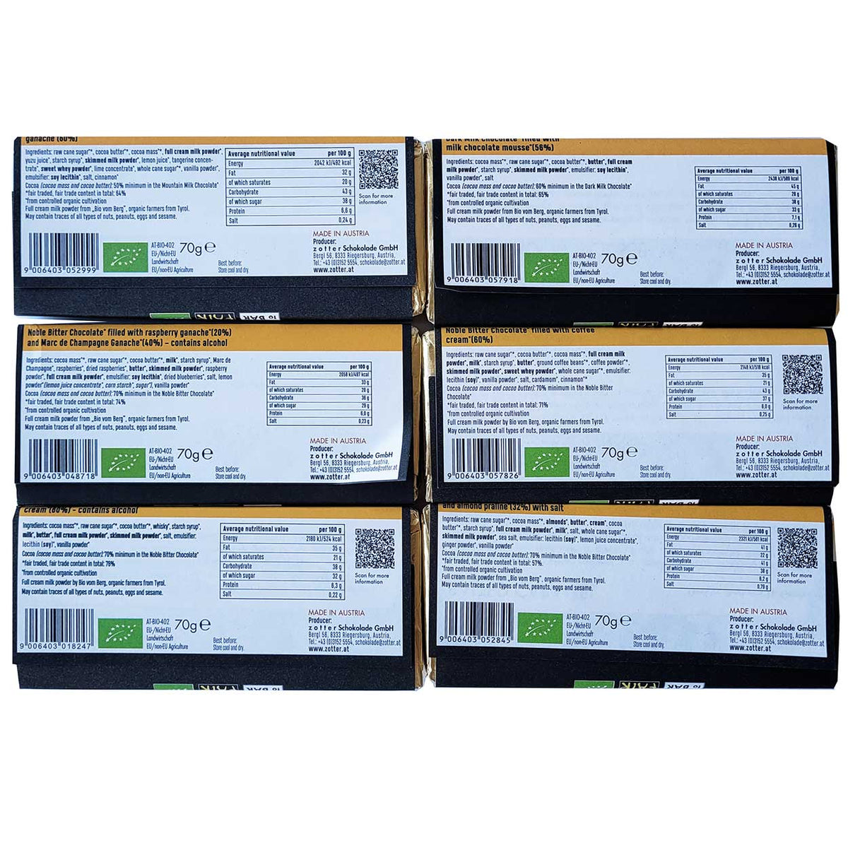 Austrian chocolate bars by Zotter ingredients